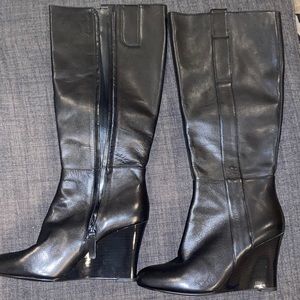 Nine West black leather wedge heel tall boots